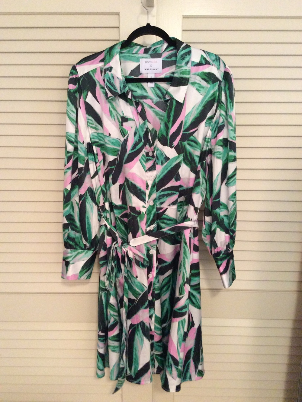 Lane Bryant Pink and Green Leaf-Print Shirt Dress